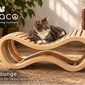 May include: A light-colored wooden cat lounge with a curved, wave-like frame and a slatted top surface. A brown tabby cat is resting on the structure. The text Peaco Wooden Living Concepts and Cat Lounge A cozy spot for happy paws is visible.