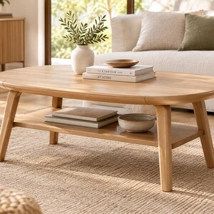 Puede incluir: Una mesa de centro de madera clara con tablero ovalado y estante inferior. La mesa sostiene un jarrón blanco con vegetación, un cuenco de madera y dos libros apilados titulados KINFOLK y AT HOME. Un cuenco de cerámica descansa en el estante.