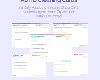 131 ADHD Cleaning Cards System Printable, SHE Chore Cards Daily Weekly Monthly Seasonal, Neurodivergent Home Organization Instant Download