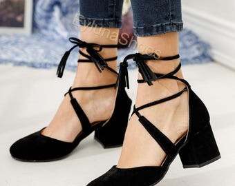 Black Suede Ankle Wrap Block Heel Shoes for Women – Lace Up Chunky Heel Pumps, Elegant Handmade Dress Shoes