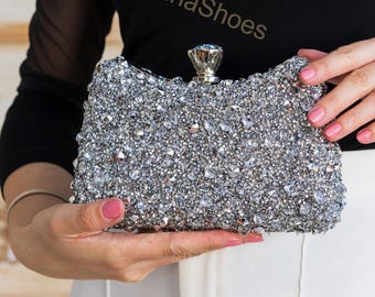 Bolso de mano con cristales plateados, bolso de noche con diamantes de imitación, bolso de boda para mujer, bolso de mano de novia de lujo, elegante bolso de fiesta.