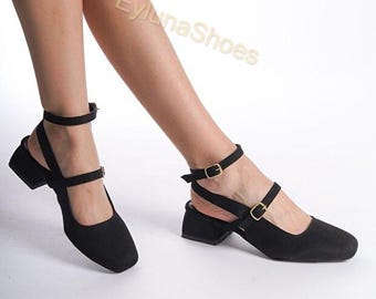 Zwarte Mary Jane-schoenen met lage hak, klassieke damespompen, handgemaakte vintage schoenen, comfortabele alledaagse hakken