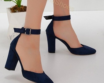 Navy Blue Suede Block Heel Shoes, Women Ankle Strap Heels, Comfortable Mid Heel Pumps, Handmade Elegant Women Shoes