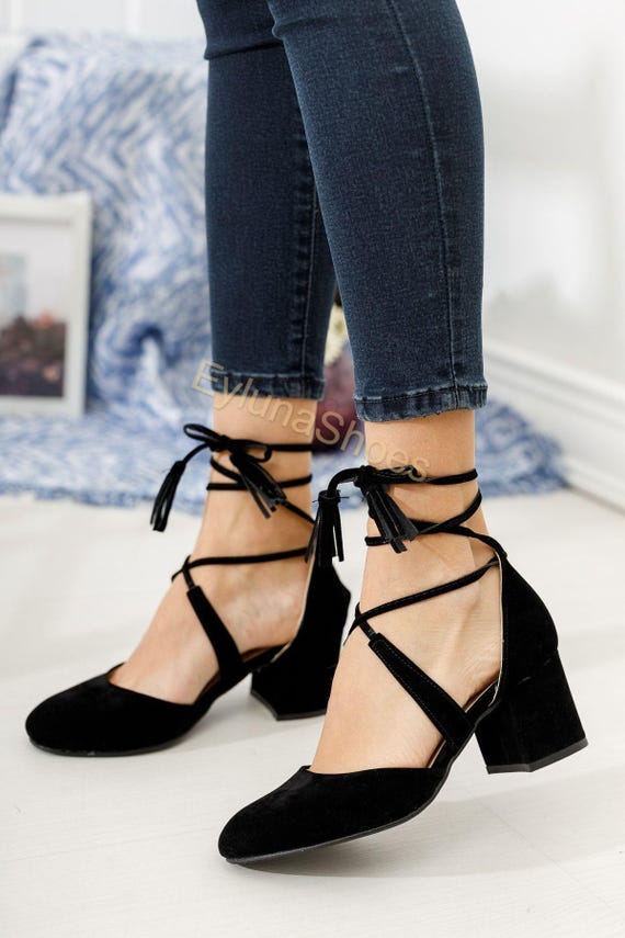Black Suede Ankle Wrap Block Heel Shoes for Women – Lace Up Chunky Heel Pumps, Elegant Handmade Dress Shoes