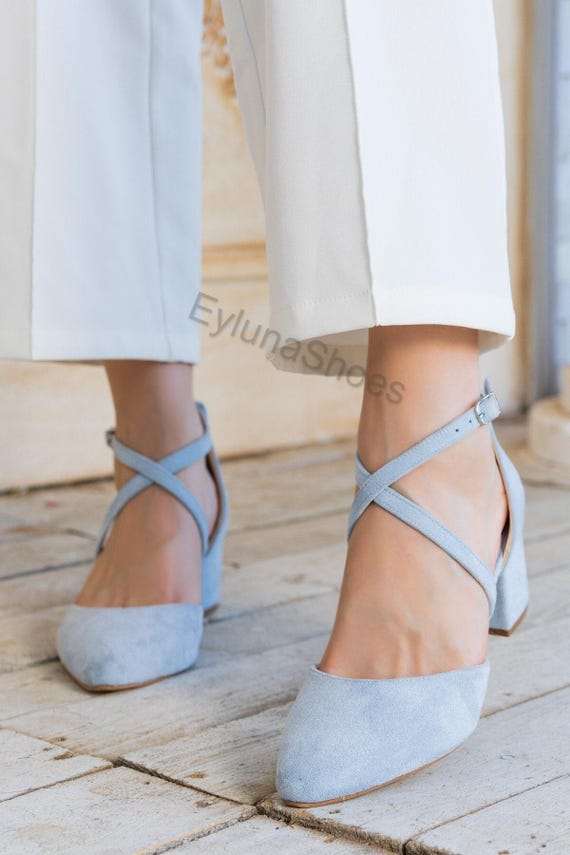 Blue Velvet Womens Low Heel Wedding Shoes For Bride