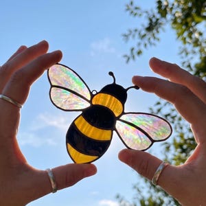 May include: A stained glass bee ornament featuring yellow and black glass segments for the body and iridescent, semi-transparent glass for the wings. The piece is constructed with dark metal solder lines and includes two small antennae at the top.