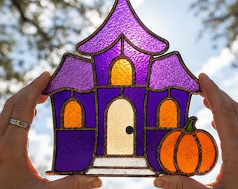 Haunted Castle Stained Glass Pattern, Gothic Pumpkin Suncatcher, Beginner Halloween Window Art (Digital Download)