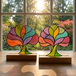 Puede incluir: Dos esculturas de árbol de vitral con segmentos multicolores en tonos naranja, morado, verde y turquesa. Cada árbol tiene un contorno oscuro y está montado sobre una base rectangular de madera clara con una ranura para el vidrio.