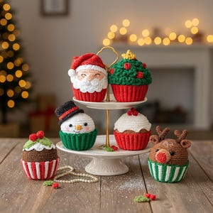 May include: A selection of crocheted Christmas cupcakes. The cupcakes are designed to resemble Santa Claus, a Christmas tree, a snowman, and a reindeer. Each cupcake has a unique colour scheme, including red, green, white, and brown.