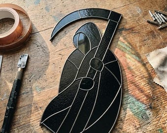 Grim Reaper Stained Glass Pattern Scythe Halloween Suncatcher Gothic Decor DIY PDF SVG