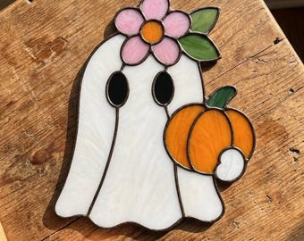 Ghost Pumpkin Stained Glass Pattern Halloween Suncatcher Spooky Ghost Window Decor DIY Template