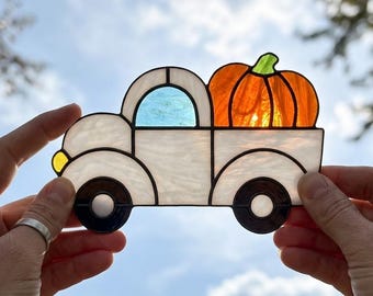 Pumpkin Truck Stained Glass Pattern Halloween Fall Suncatcher Autumn Window Decor DIY PDF SVG