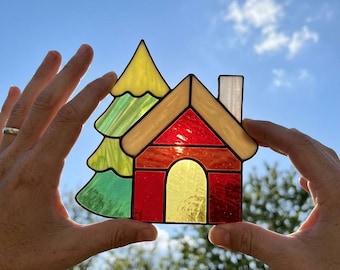 Christmas Cottage Stained Glass Pattern Winter House Suncatcher Holiday Window Decor DIY Template