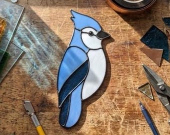 Blue Jay Stained Glass Pattern | Beginner Bird Suncatcher Template | DIY Glass Art