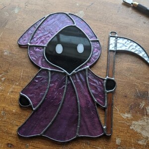 Grim Reaper Stained Glass Suncatcher, Halloween Scythe Art (PDF & SVG)