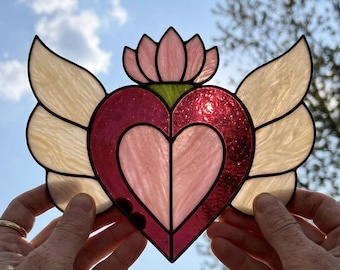 Floral Heart Stained Glass Pattern Lotus Flower Suncatcher DIY Botanical Window Decor PDF SVG