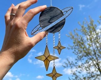 Saturn Stained Glass Pattern, Celestial Suncatcher Template, Beginner Copper Foil (PDF Download)
