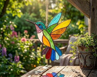Rainbow Hummingbird Stained Glass Pattern, Suncatcher Template, Beginner Craft (Digital Download)