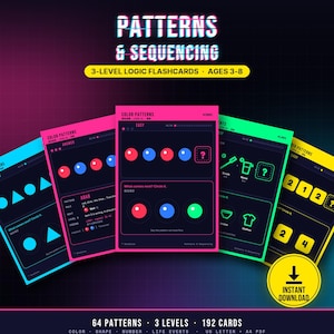 Puede incluir: Un conjunto de 192 tarjetas educativas tituladas Patterns & Sequencing, con 3 niveles de acertijos lógicos para edades de 3 a 8 años. Las tarjetas muestran patrones de colores, formas, números y eventos en fondos azules, rosas, verdes y amarillos.
