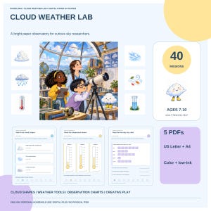 Puede incluir: Set de actividades en papel digital Cloud Weather Lab con 40 misiones para edades de 7 a 10 años. Incluye 5 archivos PDF en tamaños US Letter y A4, opciones a color y bajo consumo de tinta. Ilustraciones de niños con telescopio y tablas.
