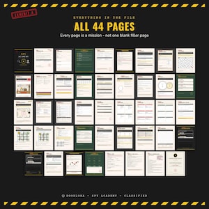 May include: A collection of 44 printable pages titled Spy Academy, featuring various mission-themed documents, forms, mazes, and activity sheets with black, white, yellow, and green accents, all organized in a grid layout on a dark background.