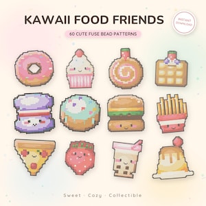 Peut inclure: Une collection numérique de 60 modèles de perles à repasser en pixel art intitulée Kawaii Food Friends. L'image présente douze icônes alimentaires colorées, dont un donut, un cupcake, un burger, des frites, une part de pizza, une fraise et un thé boba.