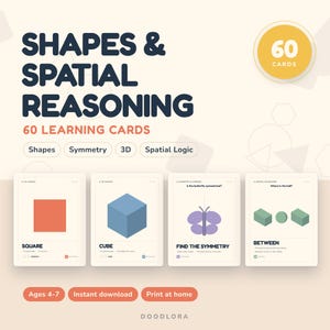 Könnte beinhalten: Ein Set aus 60 Lernkarten mit dem Titel Shapes & Spatial Reasoning. Die Karten zeigen Illustrationen eines roten Quadrats, eines blauen Würfels, eines violetten Schmetterlings zur Symmetrie und grüner Formen zur räumlichen Logik, inklusive Text.