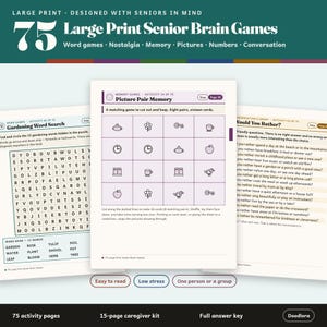 May include: A book titled 75 Large Print Senior Brain Games featuring word games, memory tasks, and conversation prompts. The cover displays sample pages including a gardening word search, a picture pair memory game, and a would you rather list.