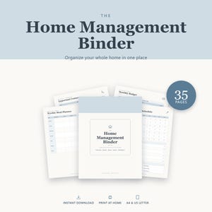 May include: A home management binder set featuring 35 pages of printable planners. The cover displays the text The Home Management Binder. Included sheets show sections for a weekly meal planner, important contacts, monthly budget, and schedule.