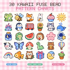 以下が含まれることがあります： 30 KAWAII FUSE BEAD PATTERN CHARTSというタイトルのデジタルシート。カエル、ハチ、キツネ、ウサギ、カップケーキ、太陽、城、ペンギン、バス、ヒマワリ、ネコ、クジラ、瓶、恐竜、スイカ、ハリネズミ、花、宇宙飛行士、ウシ、チョウ、キノコ、首の長い恐竜、クマ、熱気球、虹、魚、フクロウ、プレゼント、月、サボテンなどのピクセルアートアイコンのグリッドが表示されています。