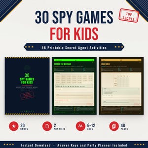 Op de afbeelding: Een digitale collectie van 30 spionagespellen voor kinderen met 48 printbare geheim agent activiteiten. De set bevat een donkerblauwe handleiding, een groen werkblad voor het decoderen van berichten en een bruine logische rasterpagina met rode stempels.