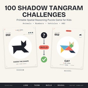 Puede incluir: 100 Shadow Tangram Challenges juego de rompecabezas de razonamiento espacial imprimible para niños con animales, números, vehículos y ABC. Dos tarjetas muestran el desafío 052, una silueta de gato negra y la solución colorida de siete piezas.