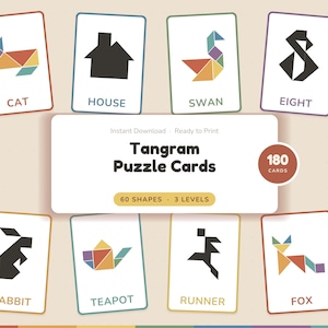 May include: A set of Tangram Puzzle Cards featuring 180 cards, 60 shapes, and 3 levels. The cards display various figures like a cat, house, swan, eight, rabbit, teapot, runner, and fox, rendered in both solid black and multi-coloured geometric shapes.