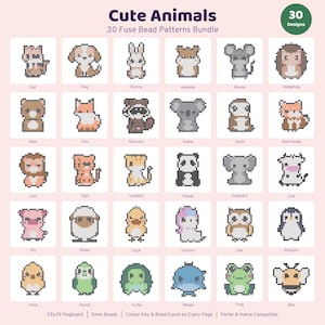 Może przedstawiać: Cyfrowa kolekcja zatytułowana Cute Animals 30 Fuse Bead Patterns Bundle zawierająca trzydzieści wzorów pixel art różnych zwierząt, w tym kota, psa, królika, chomika, mysz, jeża, niedźwiedzia, lisa, szopa, koalę, leniwca, pandę rudą, lwa, tygrysa, lamparta, pandę, słonia, krowę, świnię, owcę, kaczkę, jednorożca, sowę, pingwina, kurczaka, papugę, żółwia, wieloryba, żabę i pszczołę.