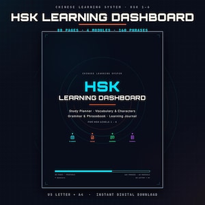May include: A dark blue HSK Learning Dashboard digital document featuring 88 pages, 4 modules, and 160 phrases for HSK levels 1-6. The layout includes a study planner, vocabulary, characters, grammar, phrasebook, and journal with cyan text.