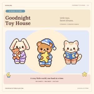 Puede incluir: Una colección de patrones digitales titulada Goodnight Toy House con pixel art de un conejo en pijama con un osito, un oso con gorro de dormir y una estrella amarilla, y un gato leyendo un libro con ilustraciones de lunas y estrellas.