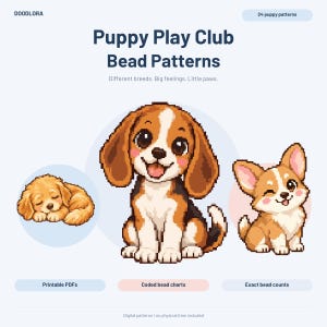 May include: A digital document titled Puppy Play Club Bead Patterns featuring 24 puppy patterns, printable PDFs, coded bead charts, and exact bead counts. The graphic displays three pixel-art style puppies: a sleeping golden puppy, a sitting beagle, and a winking corgi.