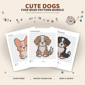 May include: A digital bundle of 36 printable fuse bead patterns featuring dog designs. The image displays three sample sheets showing pixelated illustrations of a Corgi, a Golden Retriever, and a Mountain Dog on grids with color-coded bead keys.