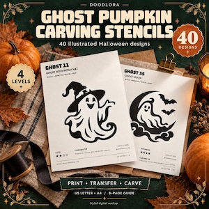 Op de afbeelding: Twee witte vellen papier met zwarte sjablonen voor het snijden van pompoenen in de vorm van geesten met de tekst DOODLORA GHOST PUMPKIN CARVING STENCILS, 40 DESIGNS, 4 LEVELS, GHOST 11 GHOST WITH WITCH HAT en GHOST 35 GHOST MOON, PRINT TRANSFER CARVE.