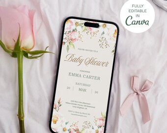 Editable Digital Baby Shower Invitation, Floral Phone Invite Template, Electronic Baby Shower Evite, Canva Mobile Invite 001