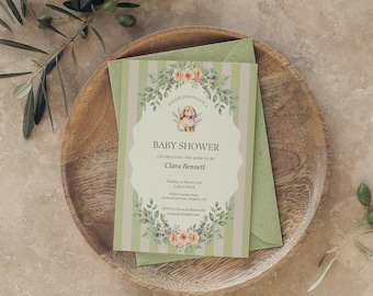 Modello di invito per baby shower a tema coniglietto, invito per baby shower floreale verde, baby shower gender neutral, modificabile Canva 5x7 002