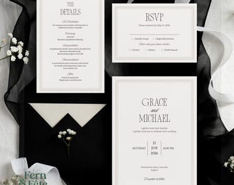 Op de afbeelding: Elegante trouwuitnodigingsset met een zwarte envelop, RSVP-kaart en detailkaart. De uitnodiging toont de namen "Grace en Michael" en evenementdetails. De set wordt geaccentueerd met wit lint en bloemelementen.