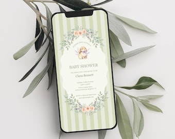 Modello di invito per baby shower a tema coniglietto, invito modificabile per baby shower su Canva, invito per baby shower neutro con motivo floreale verde 002