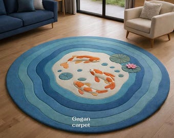 Hand Tufted Koi Pond Round Rug – Blue Water Ripples Wool Area Rug, Modern Zen Japanese Fish Design for Living Room & Bedroom