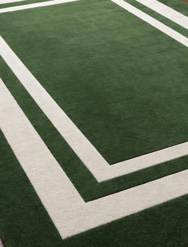 Emerald Green Double Border Area Rug – Modern Minimalist Cream Line ...