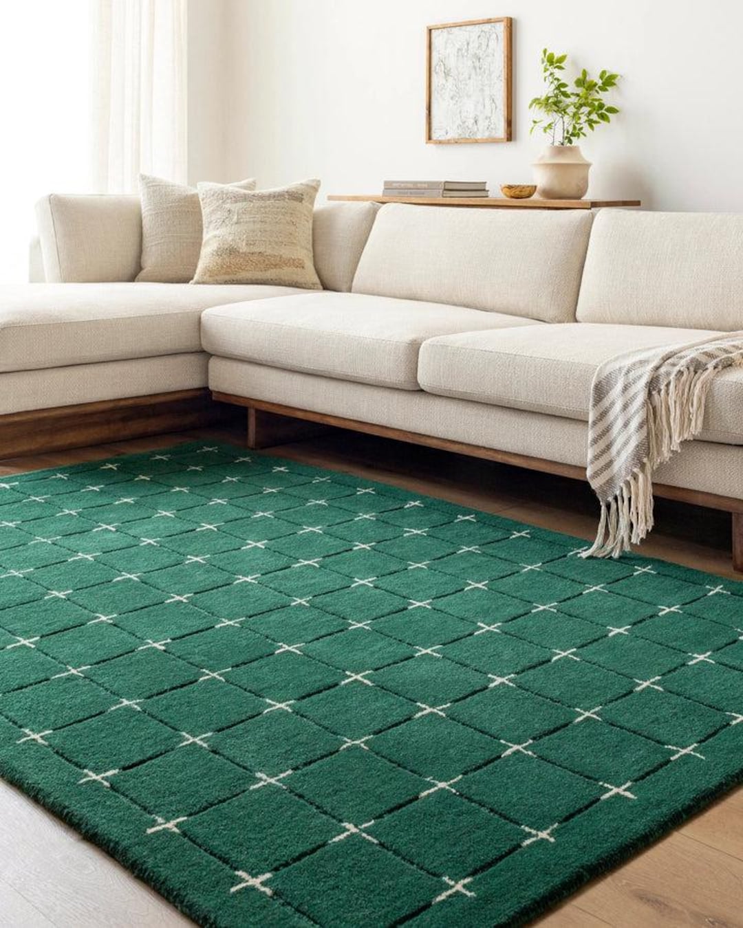 Emerald Green Grid Pattern Rug, Modern Minimalist Area Rug ...