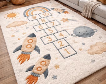 Kids Hopscotch Rug – Space Theme Playroom Carpet, Rocket & Rainbow Nursery Rug, Soft Hand Tufted Wool Rug, Educational Kids Room Decor