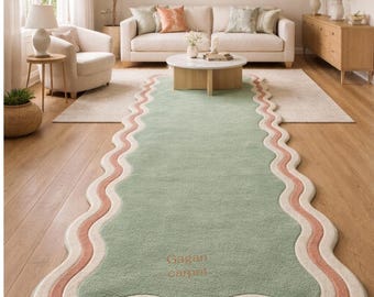 Handmade Wavy Scalloped Runner Rug, Sage Green Pastel Hallway Carpet