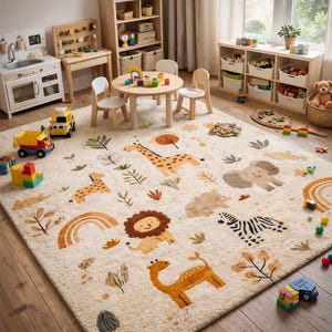 Puede incluir: Un cuarto de juegos infantil con una alfombra crema decorada con animales de safari, como jirafas y leones. La habitación incluye muebles de madera, una mesa pequeña y sillas, además de varios juguetes, creando un ambiente luminoso y atractivo.