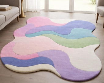 Pastel Abstract Wavy Rug | Modern Irregular Shape Area Rug | Aesthetic Colorful Floor Carpet for Living Room, Bedroom & Kids Room Decor
